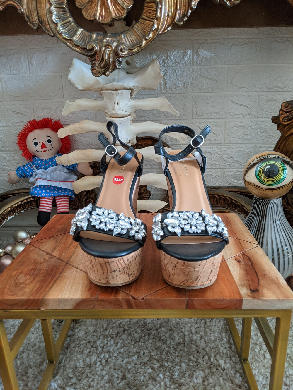 le chateau Black Crystal Cork Platform Sandals